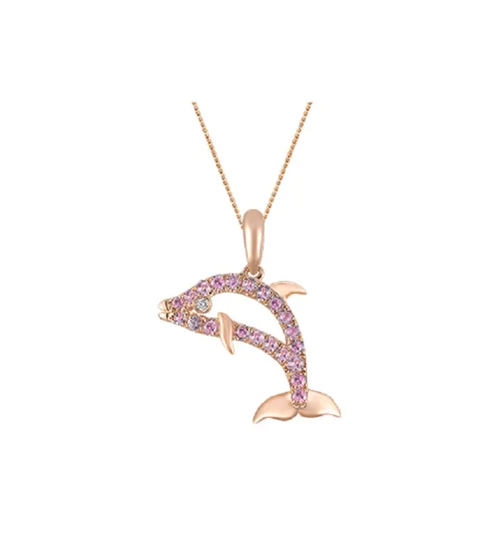 14k Rose Gold Dolphin Pendant with Diamond and Pastel Pink Sapphires