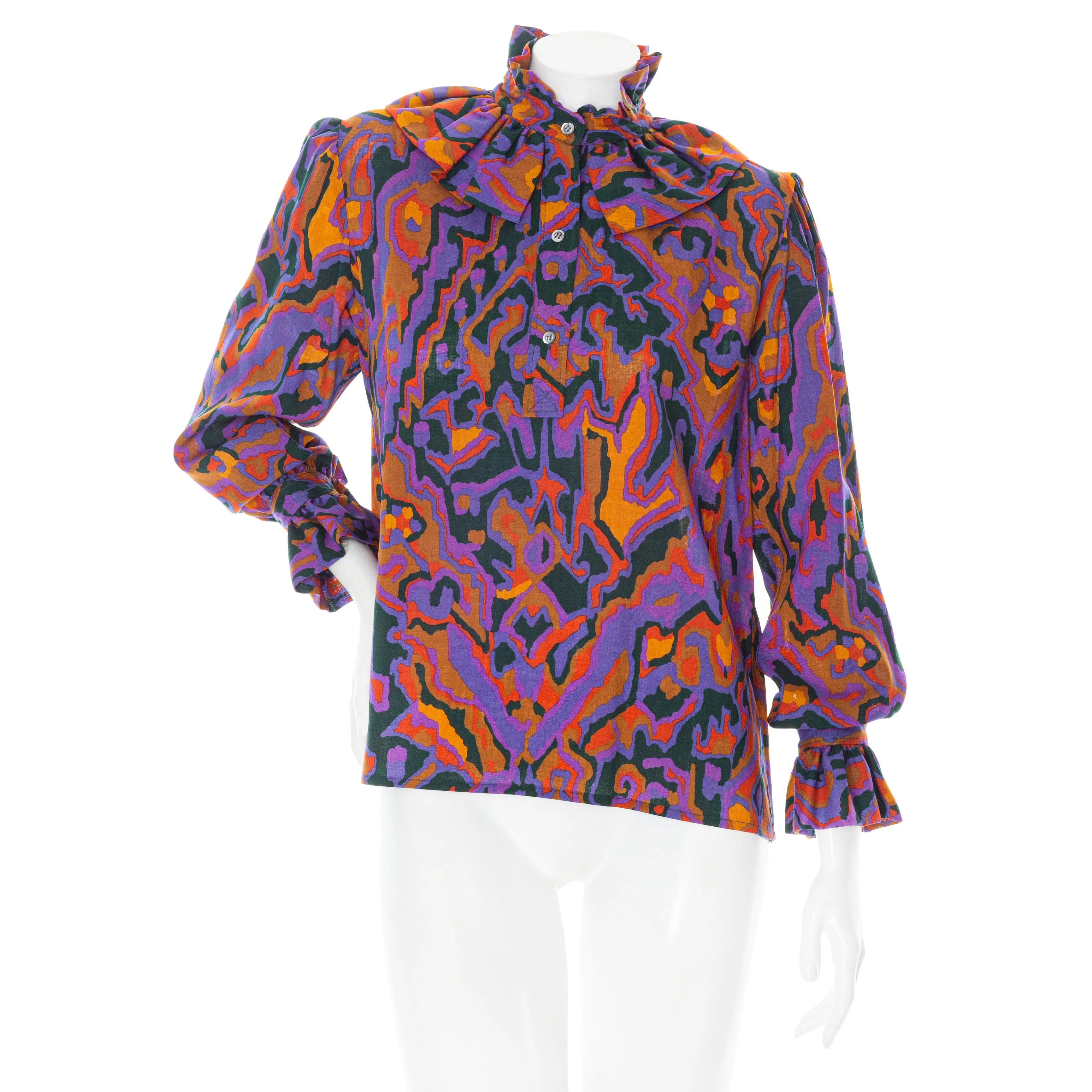 1970s Rive Gauche Purple Cotton Abstract Print Ruffled Collar Blouse