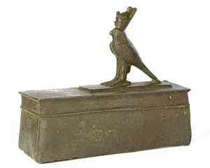 An Egyptian Bronze Horus Falcon on a Sarcophagus, 26th Dynasty, ca. 646-525 BCE