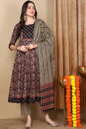 Beige Pure Cotton Floral Printed Flared Style Suit Set