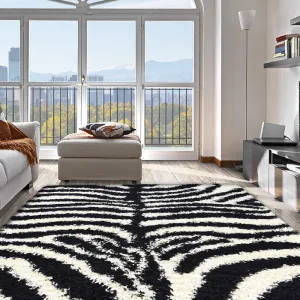 Black & White Zebra Print Thick Shaggy Rug - California