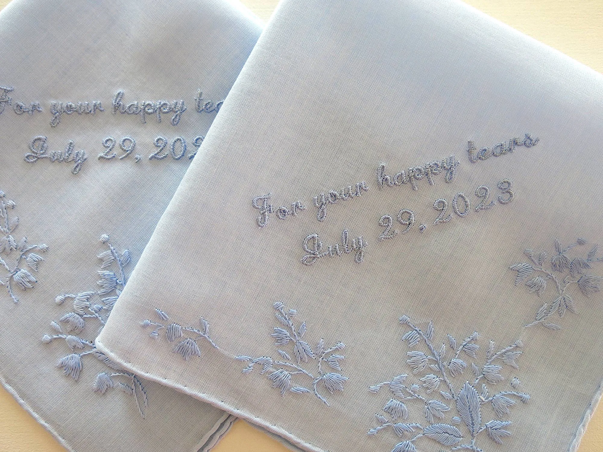 Blue Cotton Handkerchief with "For your happy tears and wedding date" embroiery