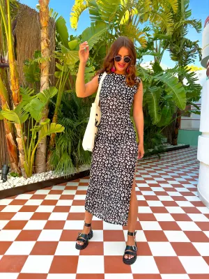 Dont Mind Me - Black White Leopard Shoulder Pad Midi Dress