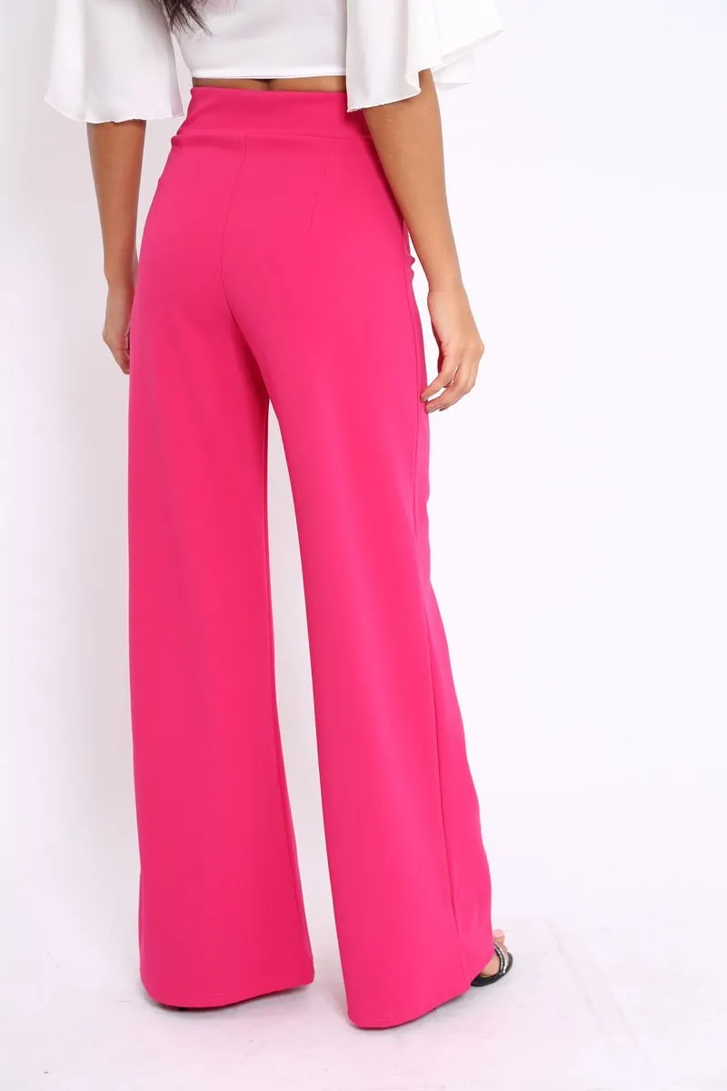 Fuchsia High Waist Wide Leg Trousers with Buckle - Monico