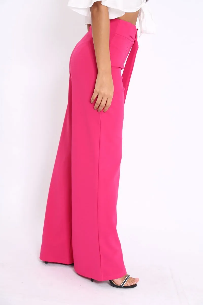 Fuchsia High Waist Wide Leg Trousers with Buckle - Monico