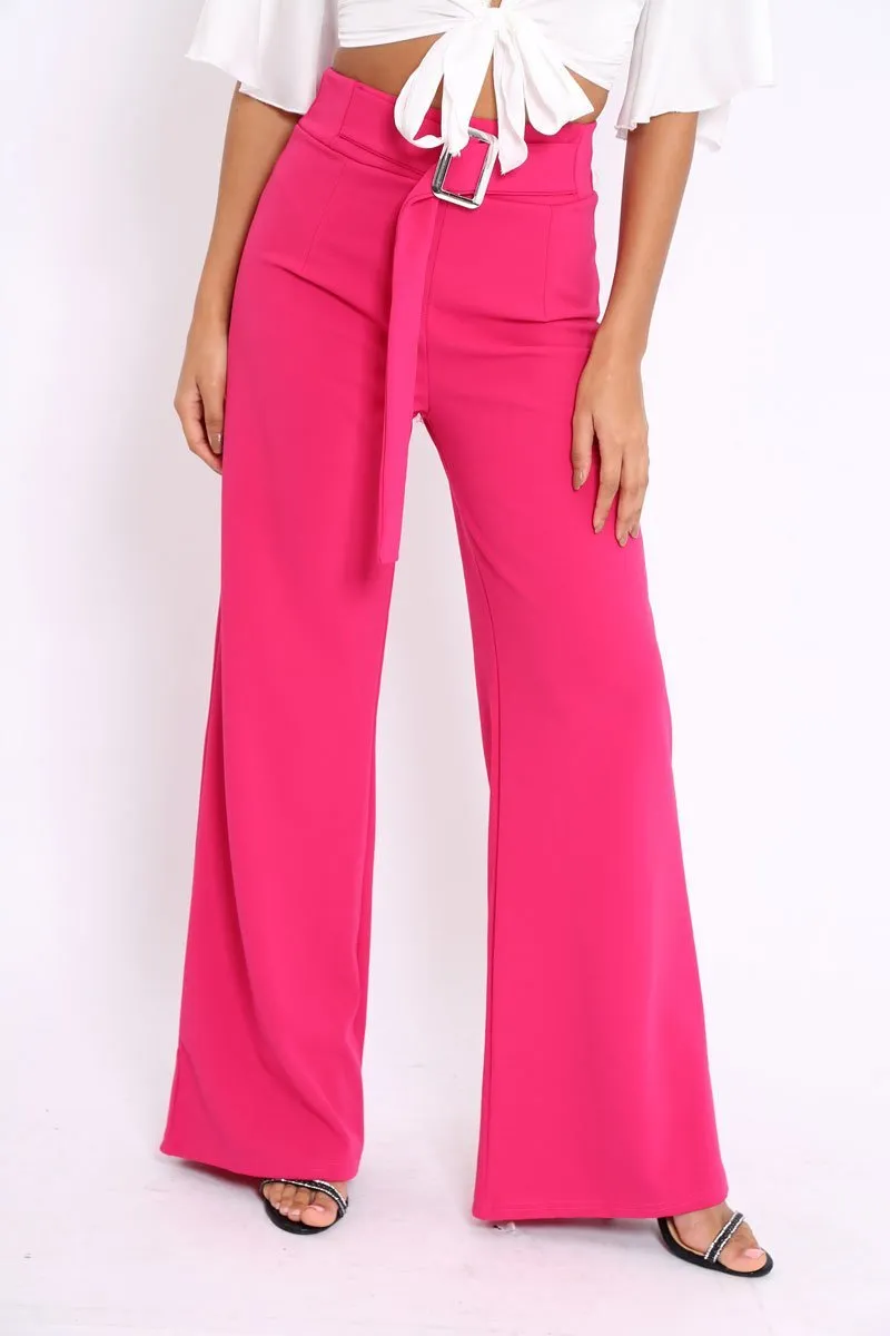 Fuchsia High Waist Wide Leg Trousers with Buckle - Monico