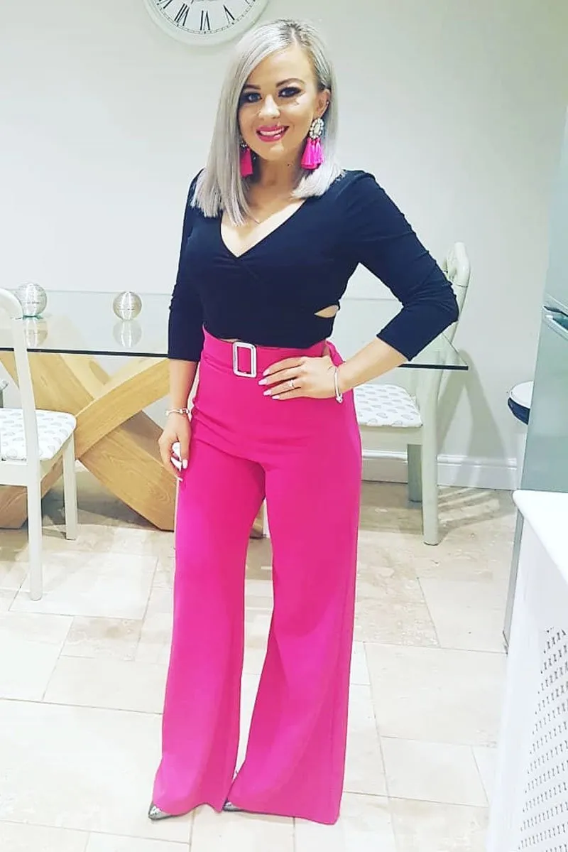 Fuchsia High Waist Wide Leg Trousers with Buckle - Monico