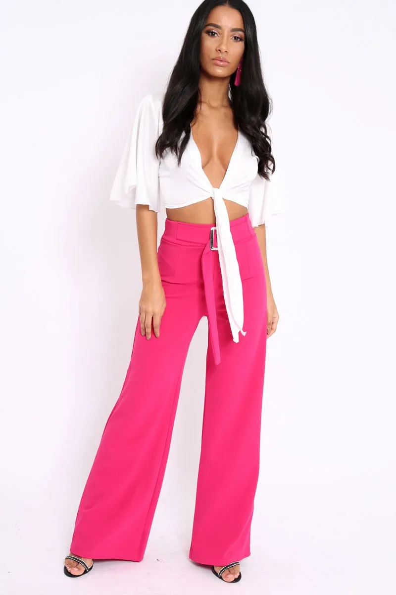 Fuchsia High Waist Wide Leg Trousers with Buckle - Monico