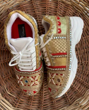 FUNKY N TRENDY red and gold sneakers for brides /bridesmaids / sneakers for bridesmaids/ handcrafted sneakers/ gold sneakers / bridal sneakers / bridesmaid sneakers/ gold sneakers / red shoes