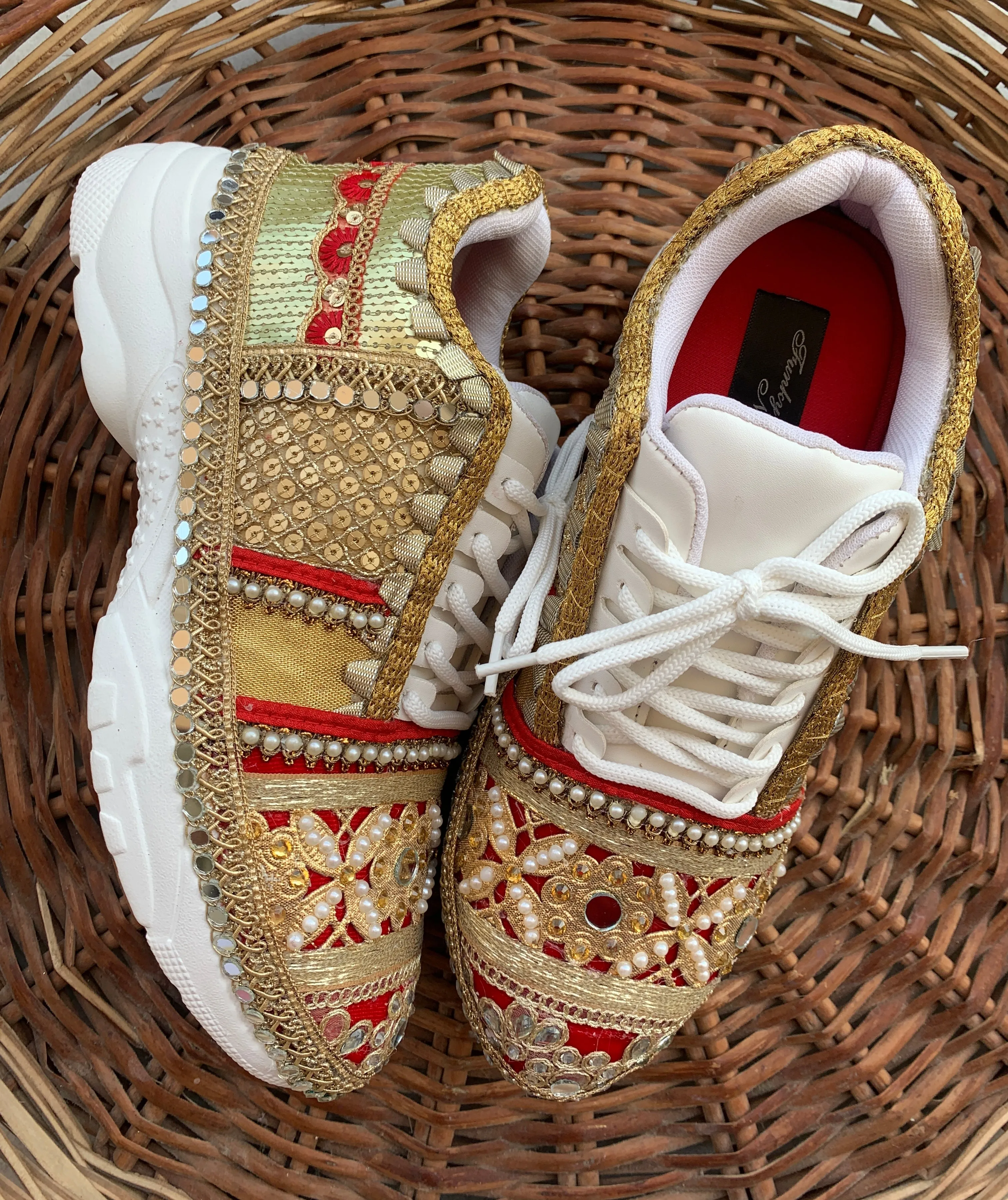 FUNKY N TRENDY red and gold sneakers for brides /bridesmaids / sneakers for bridesmaids/ handcrafted sneakers/ gold sneakers / bridal sneakers / bridesmaid sneakers/ gold sneakers / red shoes