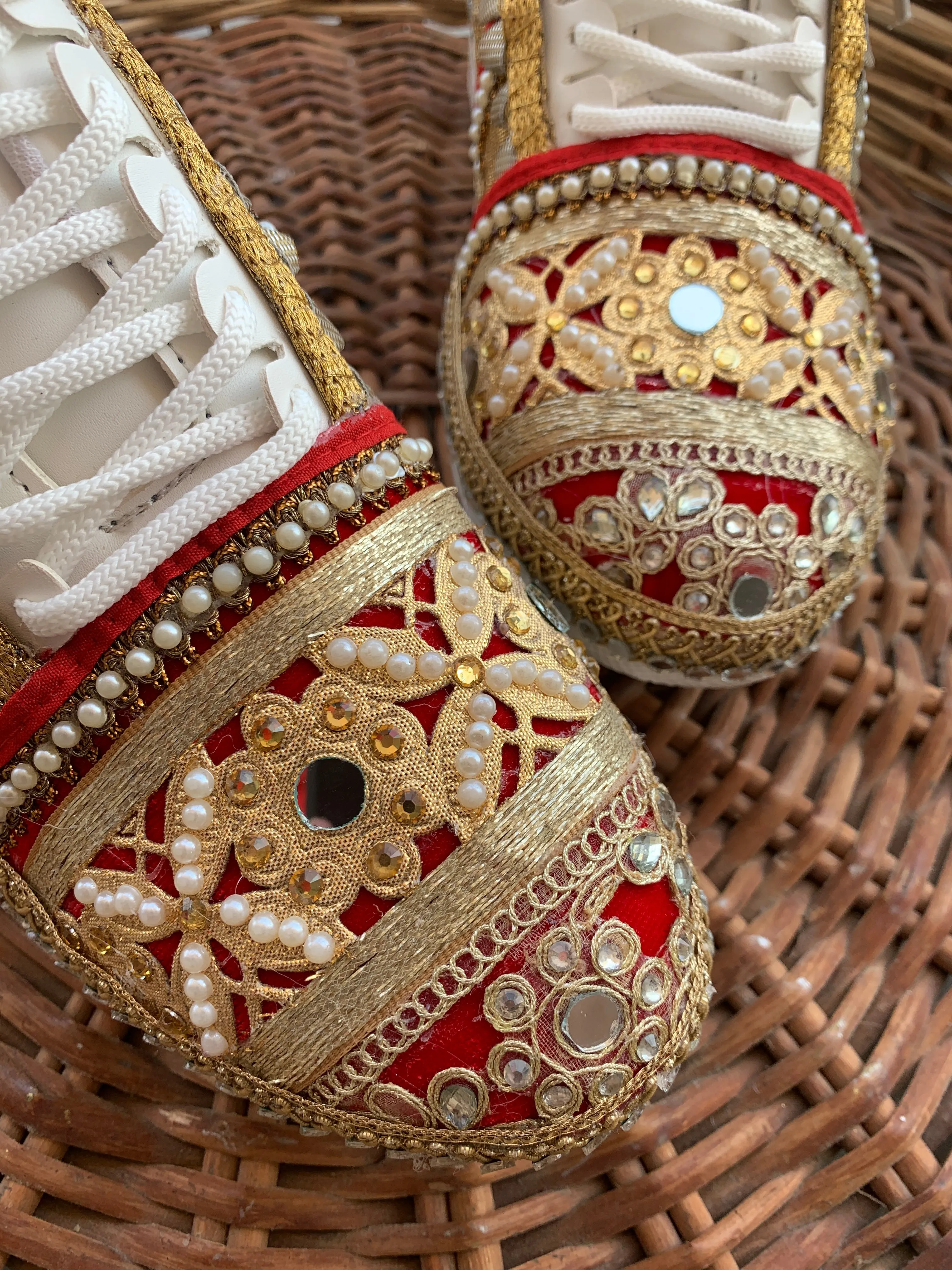 FUNKY N TRENDY red and gold sneakers for brides /bridesmaids / sneakers for bridesmaids/ handcrafted sneakers/ gold sneakers / bridal sneakers / bridesmaid sneakers/ gold sneakers / red shoes