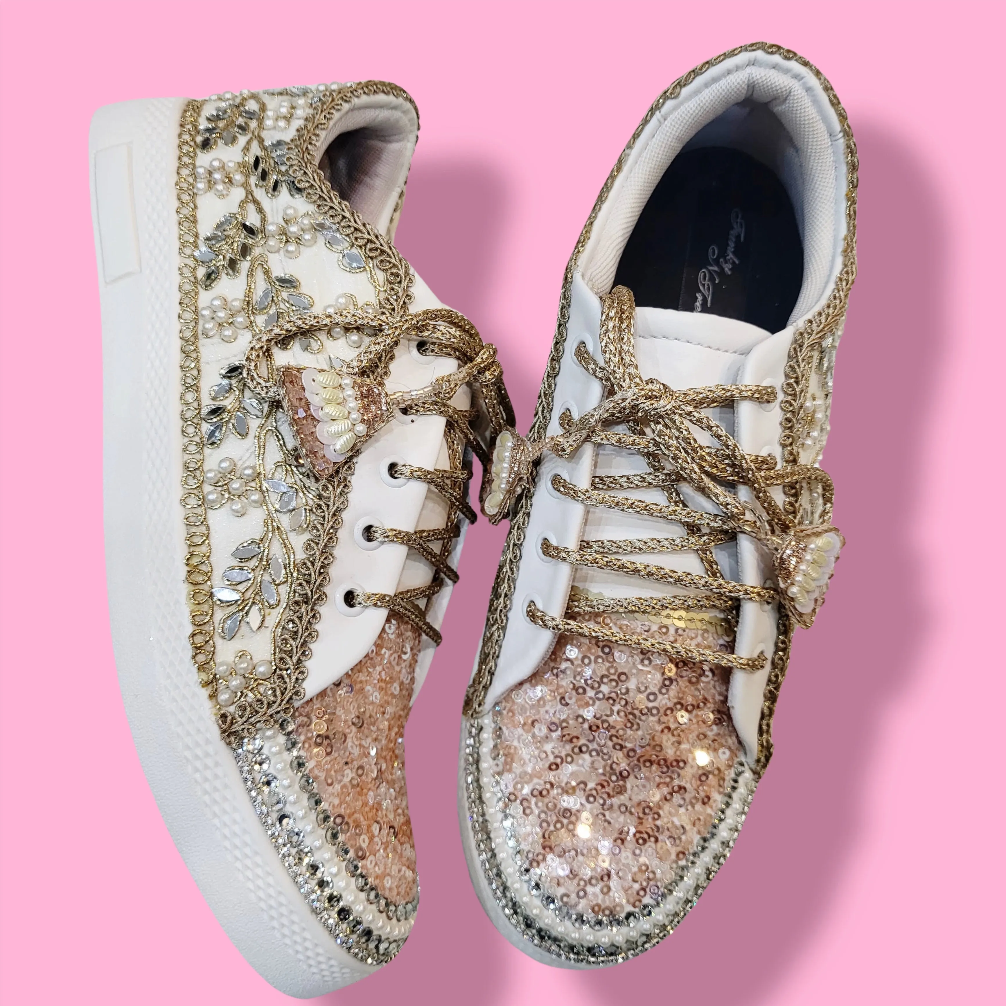 FUNKY N TRENDY rose gold/ tan peach/gold sneakers with pearl detailing for brides / bridesmaids/ ivory sneakers / beige sneakers / tan peach shoes/ rose gold sneakers / rose gold shoes