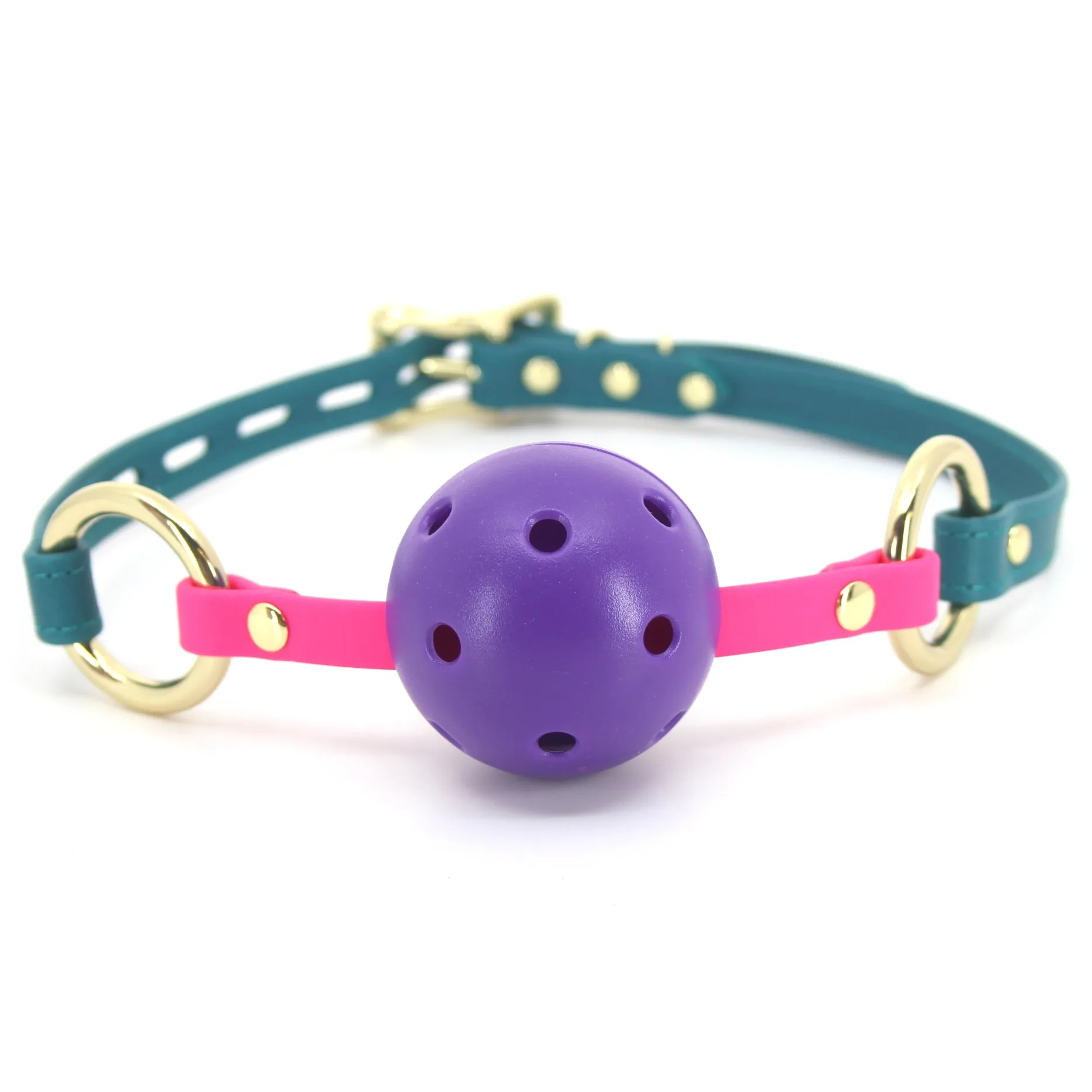 Leather Breathable Ball Gag - Teal and Gold