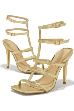 Luxury Essentials Caged Strap High Heels - Gold