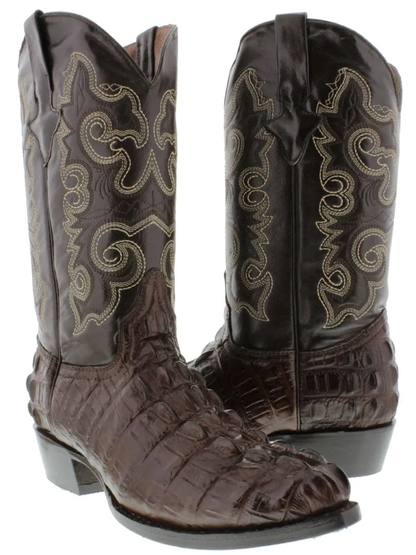 Brown Alligator Tail Print Leather Cowboy Boots - Mens Round Toe