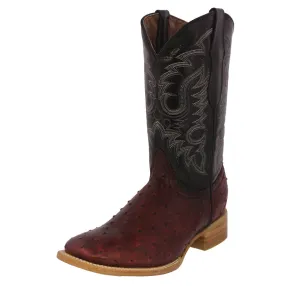 Mens Burgundy Ostrich Quill Print Leather Cowboy Boots - Square Toe