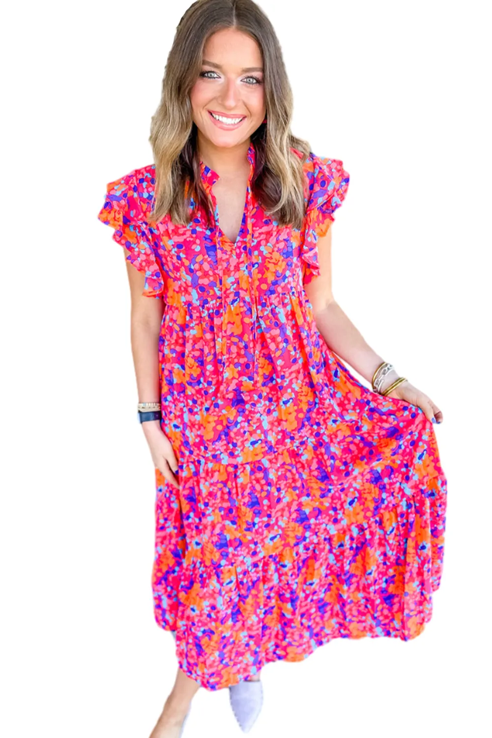 Multicolour Boho Abstract Print Ruffle Shoulder Tiered Midi Dress