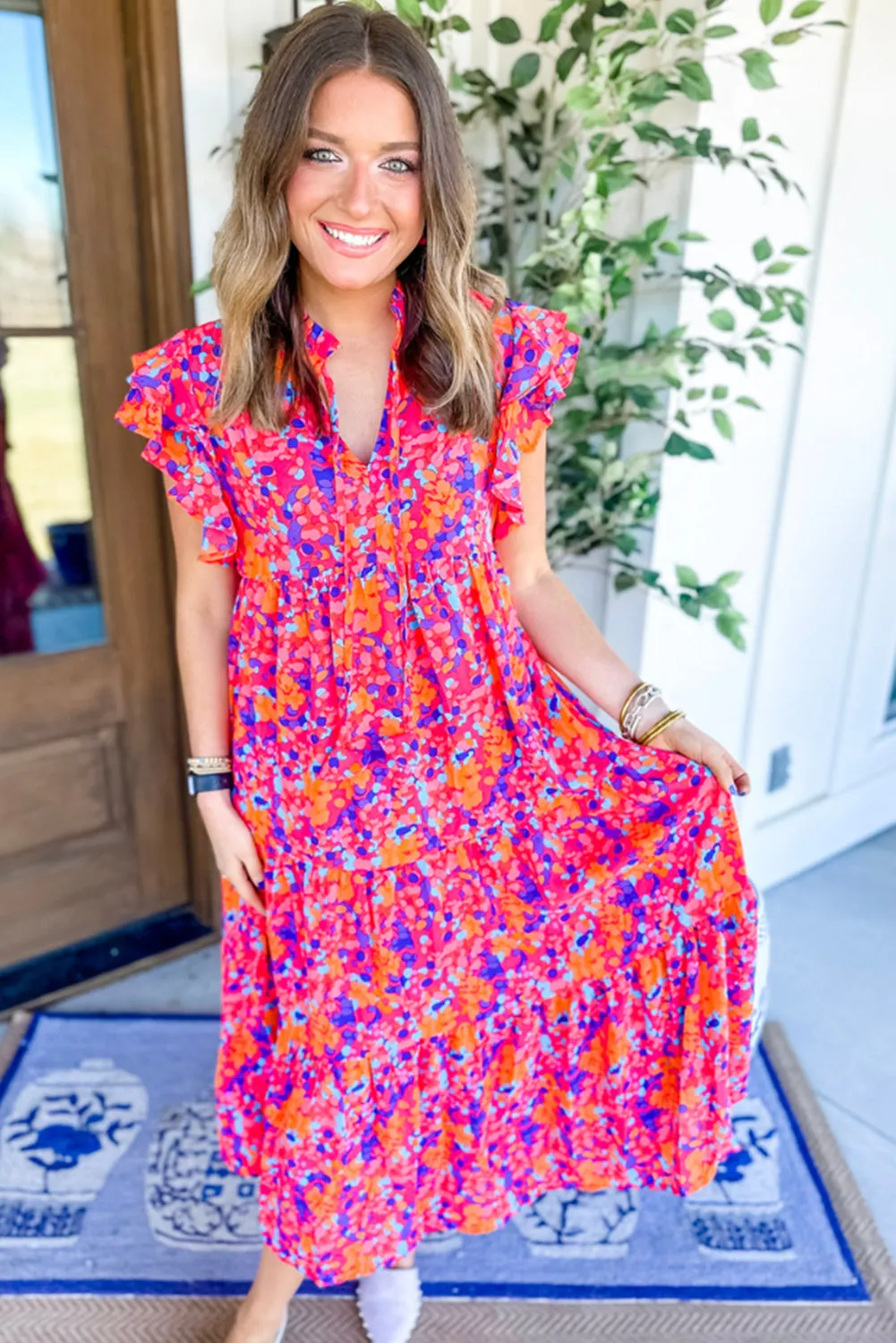 Multicolour Boho Abstract Print Ruffle Shoulder Tiered Midi Dress