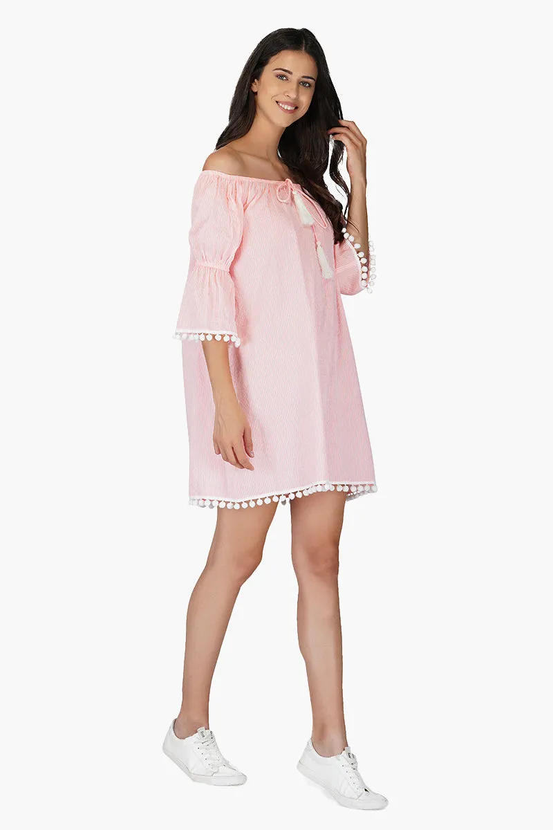 Neon Pink Searsucker Off Shoulder Dress