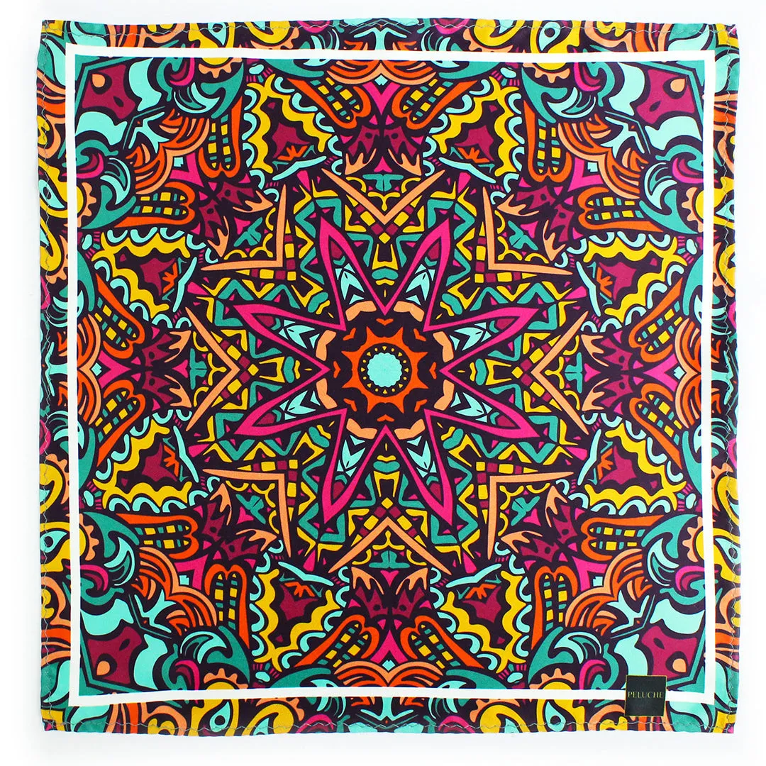 Peluche Mandala Majesty Ensemble Multicolor Pocket Square for Men (14X14 inches)