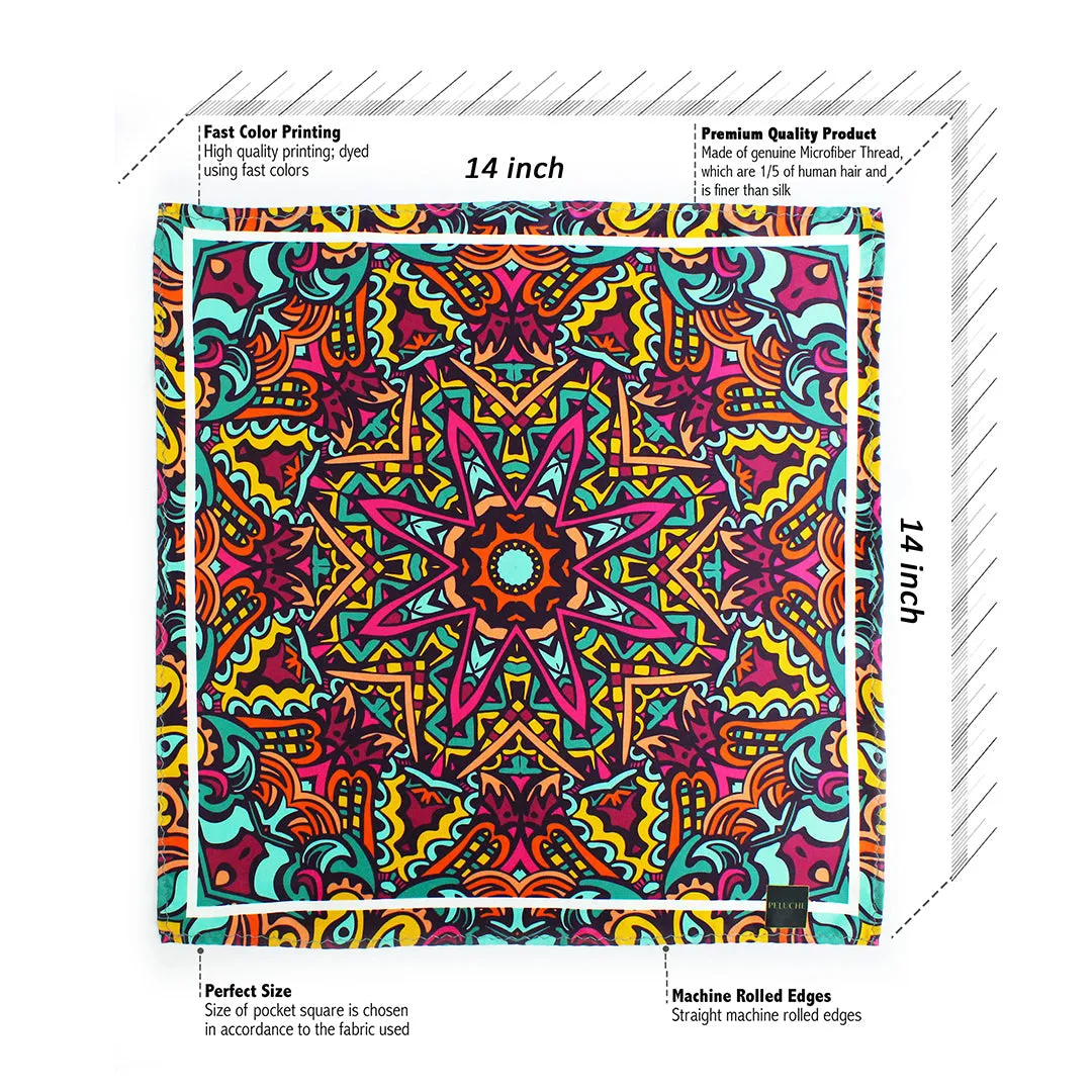 Peluche Mandala Majesty Ensemble Multicolor Pocket Square for Men (14X14 inches)