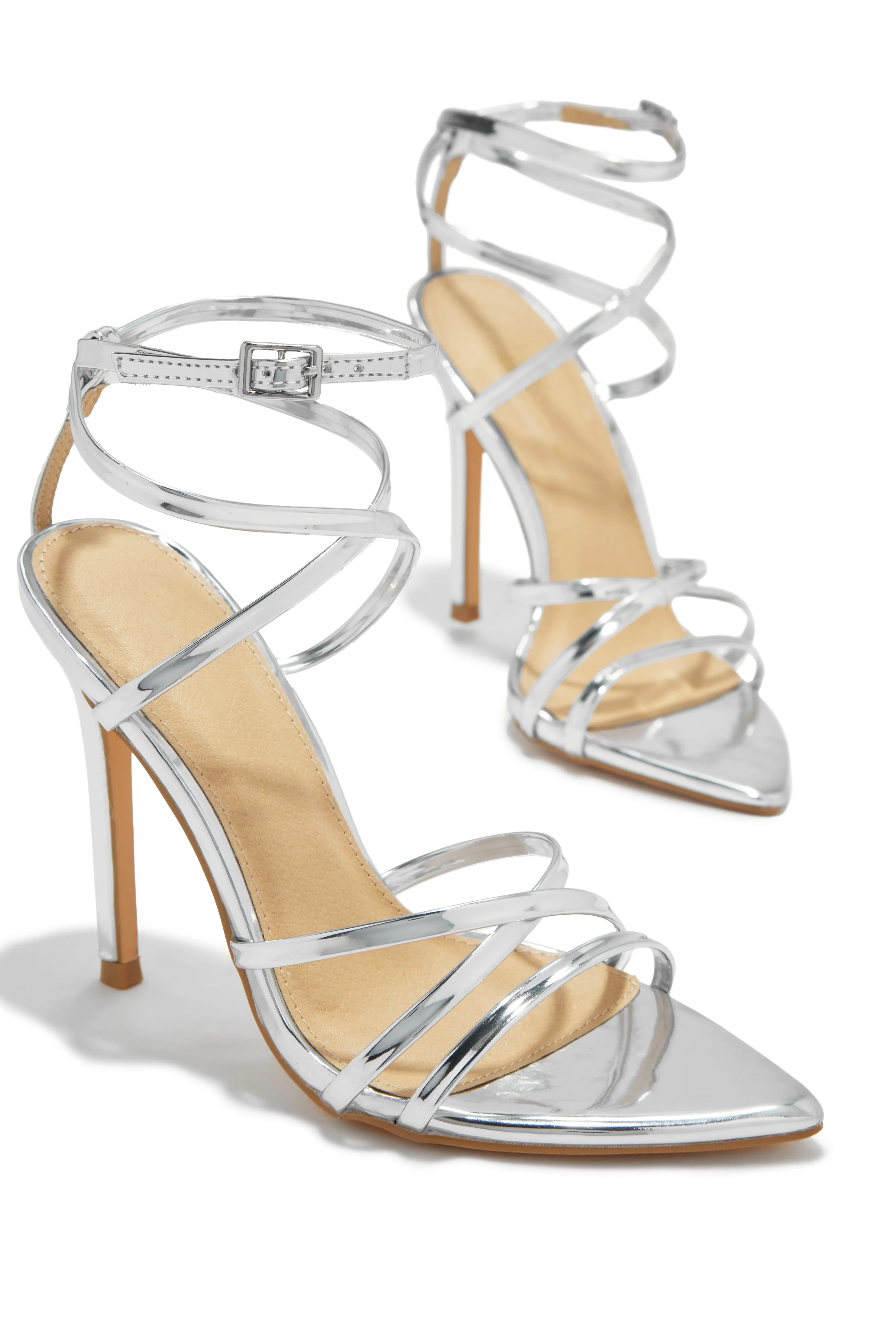 Polished Strappy High Heels - Silver