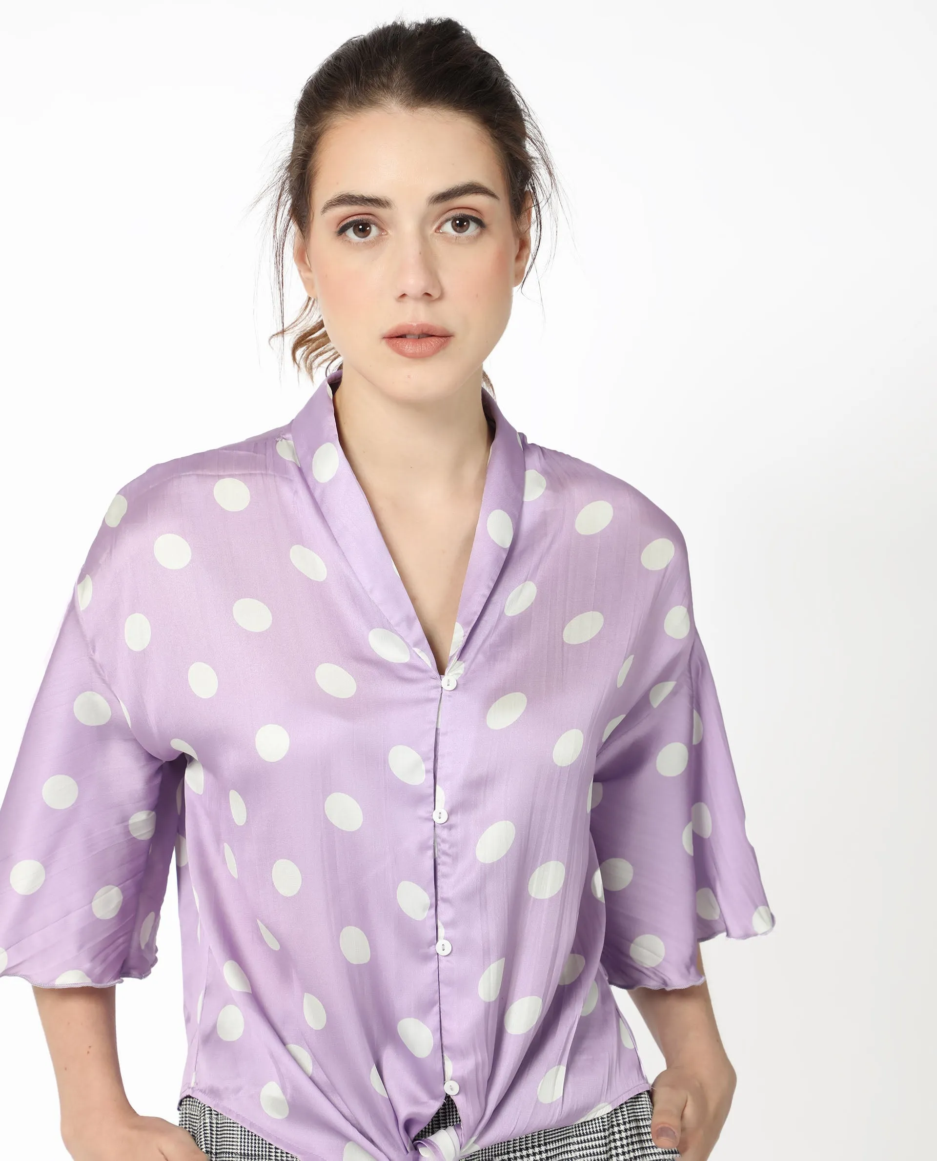 Rareism Women Izzy Pastel Purple Polyester Fabric Short Sleeves Button Closure Flared Sleeve Regular Fit Polka Blouse Top