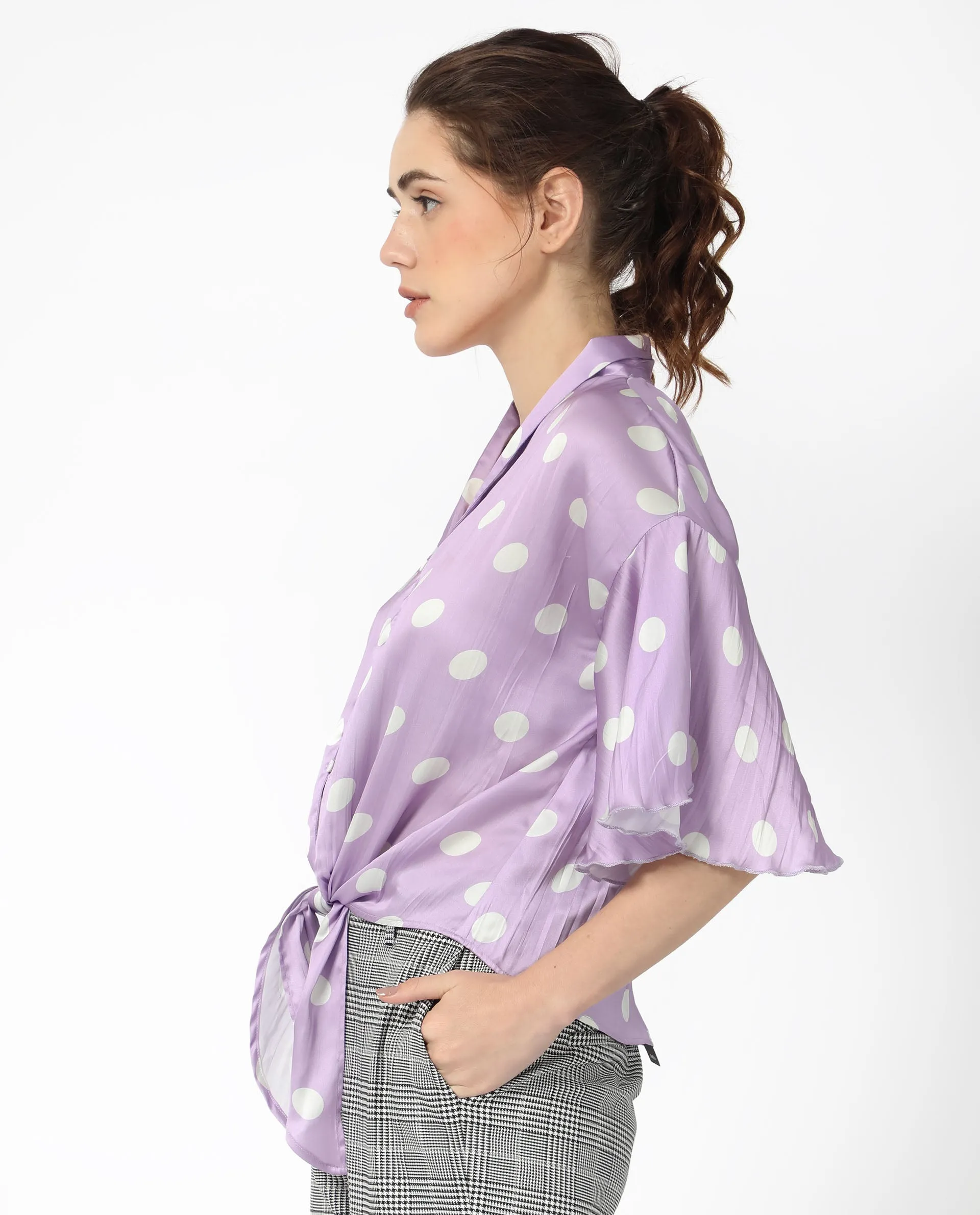 Rareism Women Izzy Pastel Purple Polyester Fabric Short Sleeves Button Closure Flared Sleeve Regular Fit Polka Blouse Top