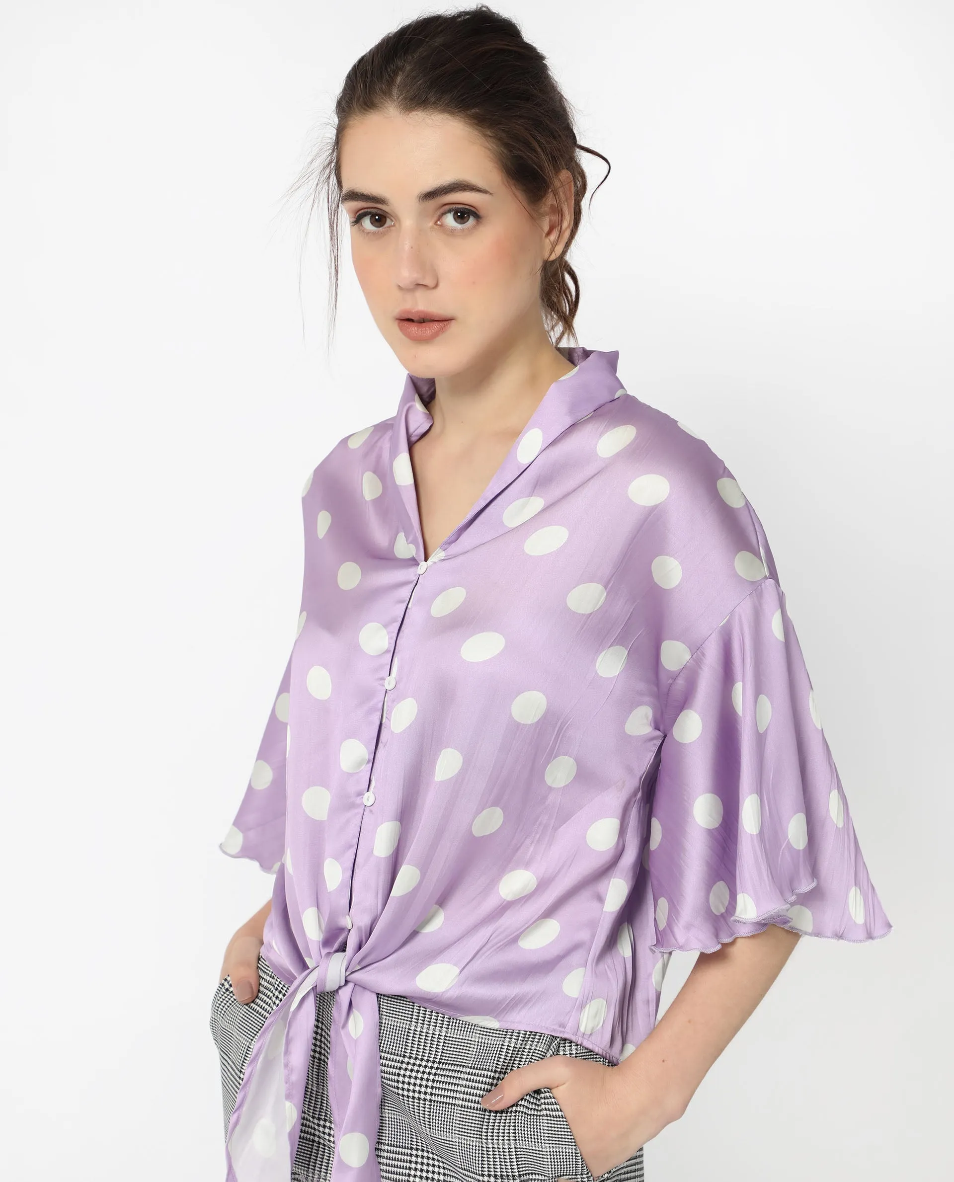 Rareism Women Izzy Pastel Purple Polyester Fabric Short Sleeves Button Closure Flared Sleeve Regular Fit Polka Blouse Top