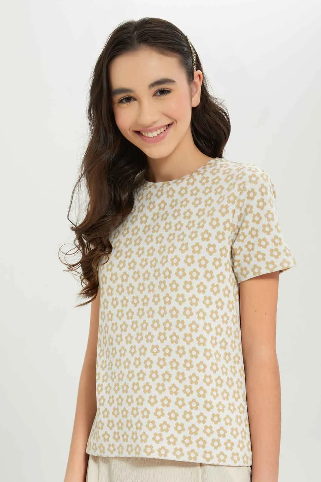 Senior Girls Beige Floral Jacquard Top