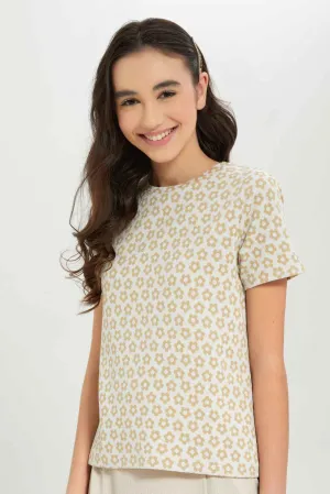 Senior Girls Beige Floral Jacquard Top