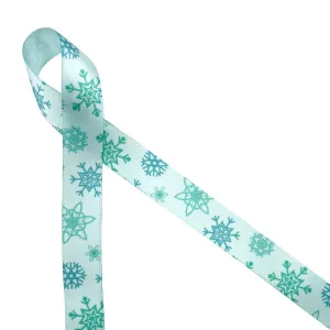 Snowflakes Ribbon in blue on 5/8" Ice Blue Single Face Satin Ribbon