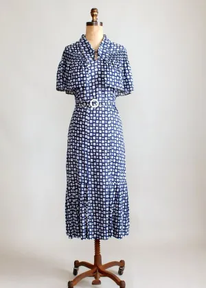 Vintage 1930s Blue Floral Cape Sleeve Day Dress