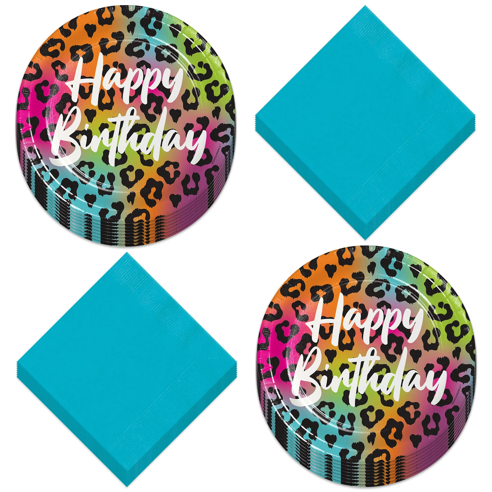 Wild Child Happy Birthday Animal Print Paper Dessert Plates and Teal Napkins - Colorful Wild Animal Print (Serves 16)