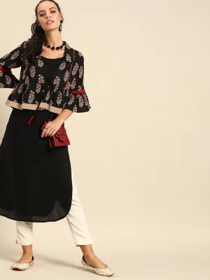 Women Black Calf Length Three-Quarter Sleeves Straight Floral Printed Cotton Kurta With Jacket