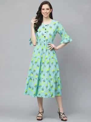 Women Blue Floral Printed Round Neck Cotton Fit And Flare Dress