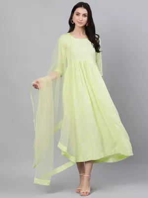 Women Light Neon Green Solid Embroidered Round Neck Viscose Rayon Maxi Dress With Dupatta