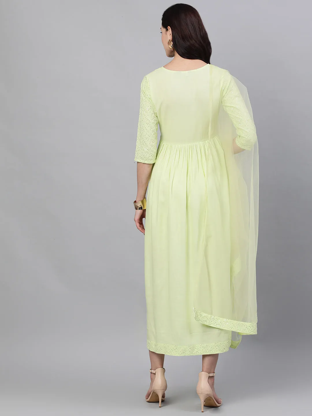 Women Light Neon Green Solid Embroidered Round Neck Viscose Rayon Maxi Dress With Dupatta