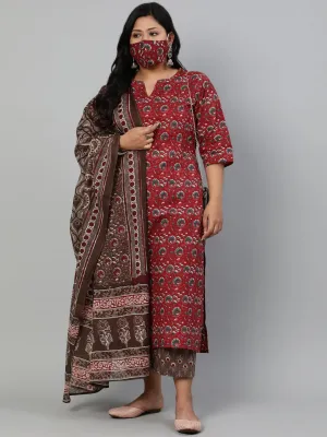 Women Maroon & Taupe Floral Printed Kurta With Plazo & Dupatta