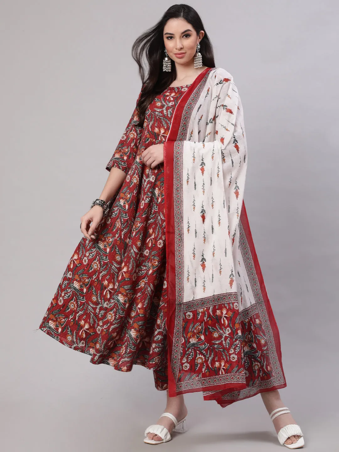 Women Maroon Floral Printed Flared Kurta With Trouser And Dupatta