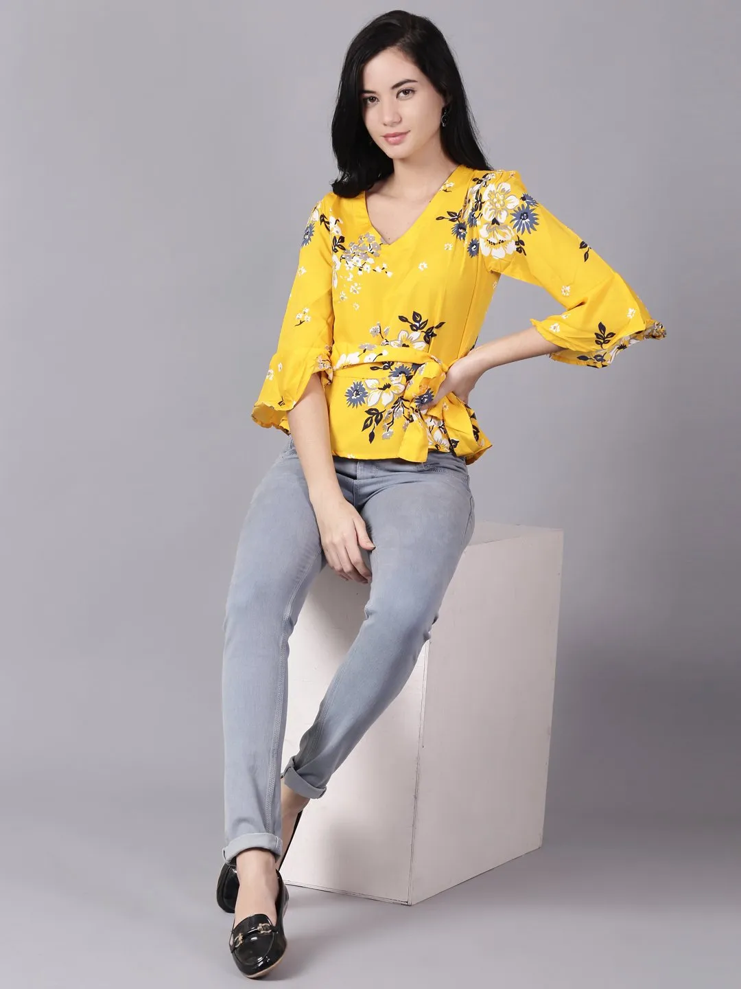 Women Mustard Yellow Casual Printed V-Neck Top