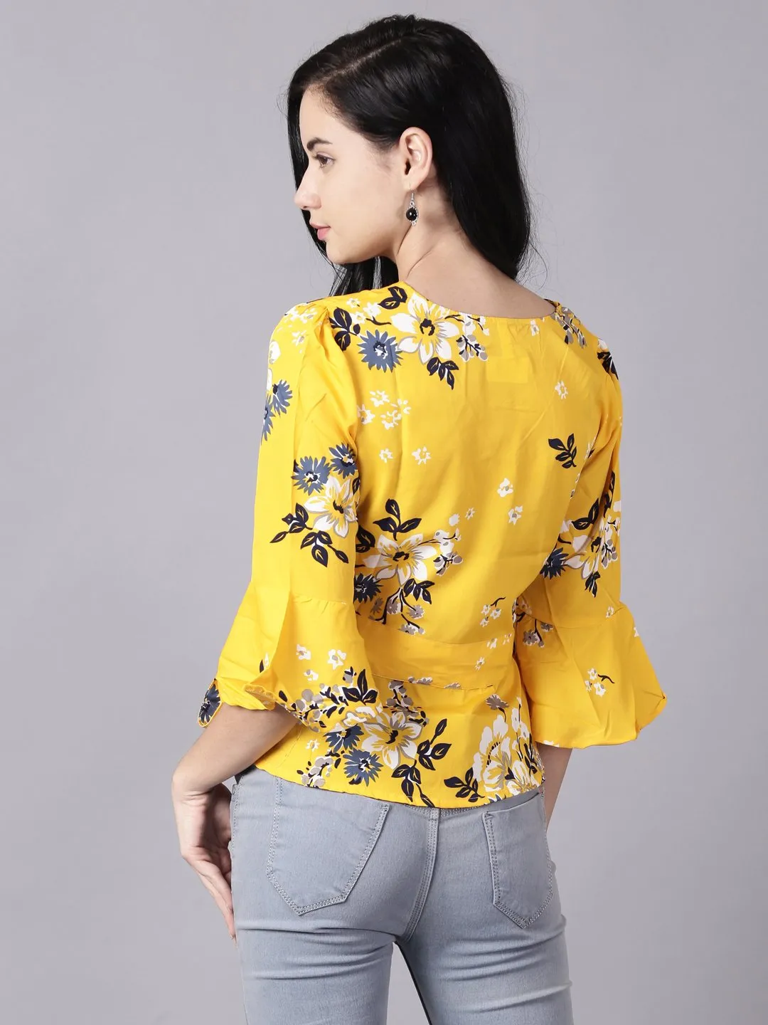 Women Mustard Yellow Casual Printed V-Neck Top