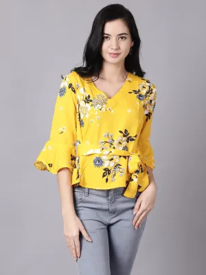 Women Mustard Yellow Casual Printed V-Neck Top