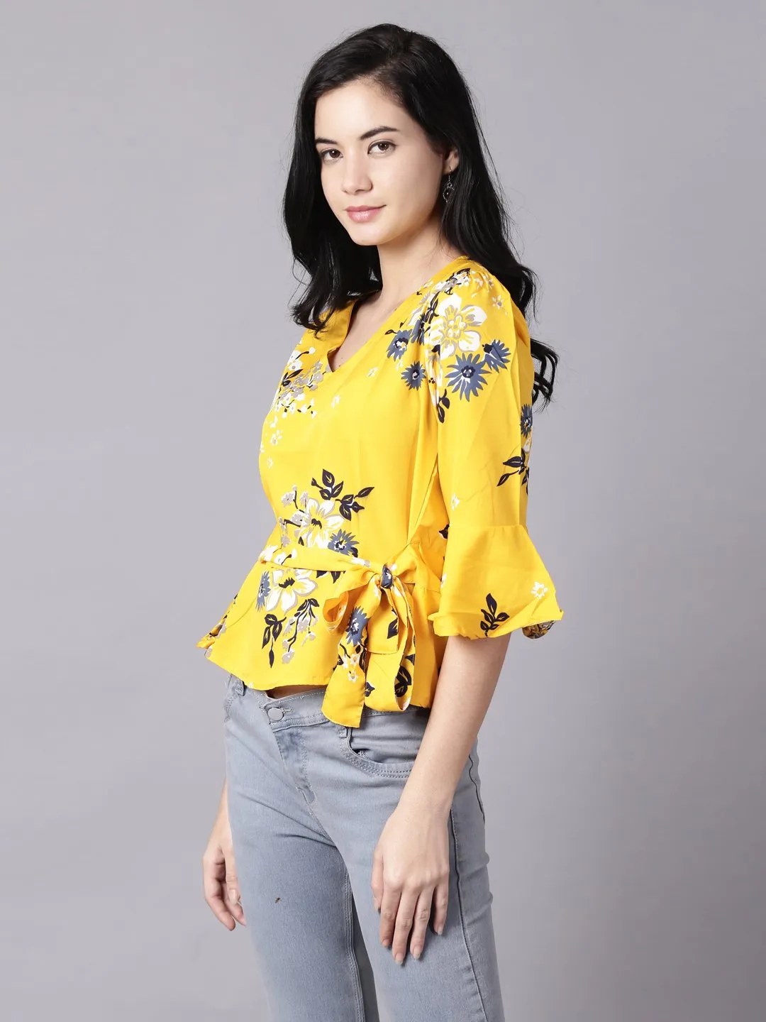 Women Mustard Yellow Casual Printed V-Neck Top