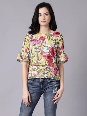 Women Off-White Casual Printed Round Neck Top