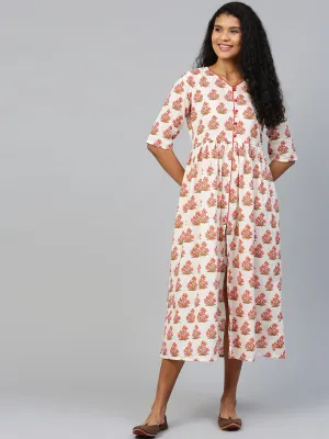 Women Off White Floral Printed V-Neck Cotton A-Line Dress