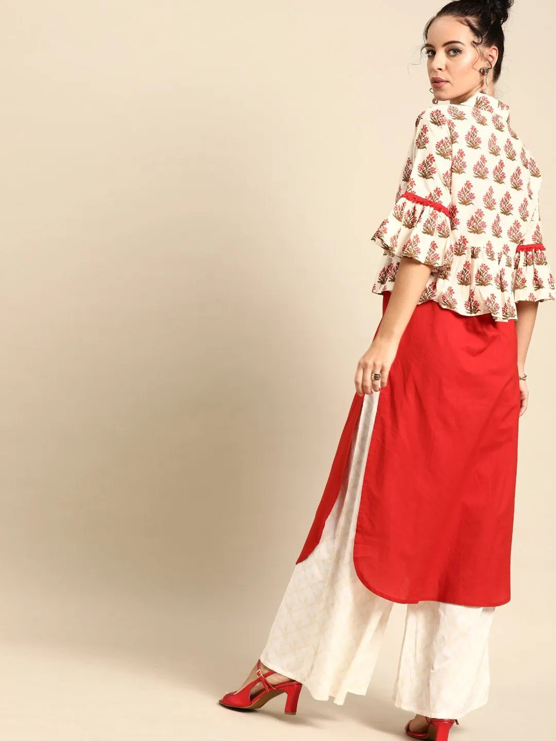 Women Red Calf Length Three-Quarter Sleeves Straight Floral Printed Cotton Kurta With Jacket