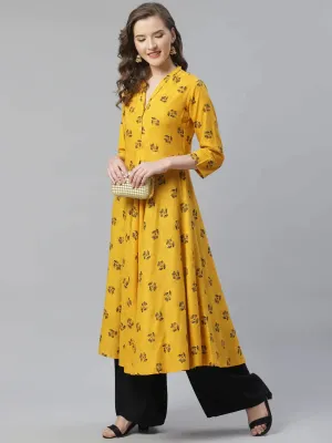 Women Yellow & Black Floral Printed A-Line Kurta