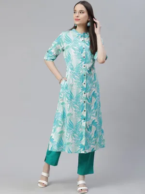 Women'S Floral Print White Cotton Flex Kurta