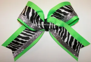 Zebra Neon Green Black Silver Cheer Bow